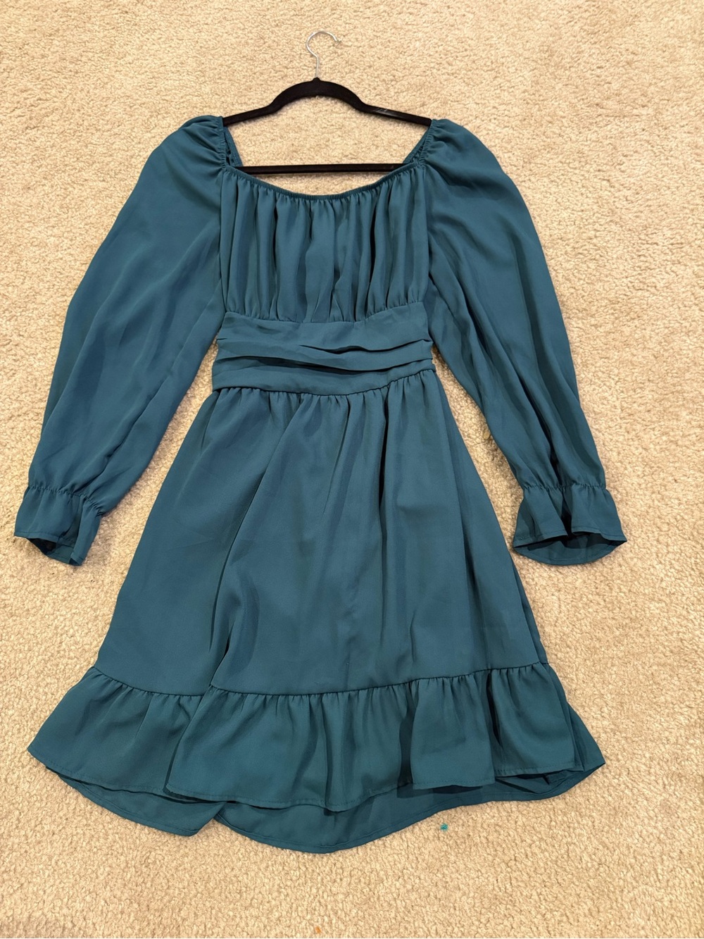 Emerald Green Long Sleeve Ruffle Hem Mini Dress